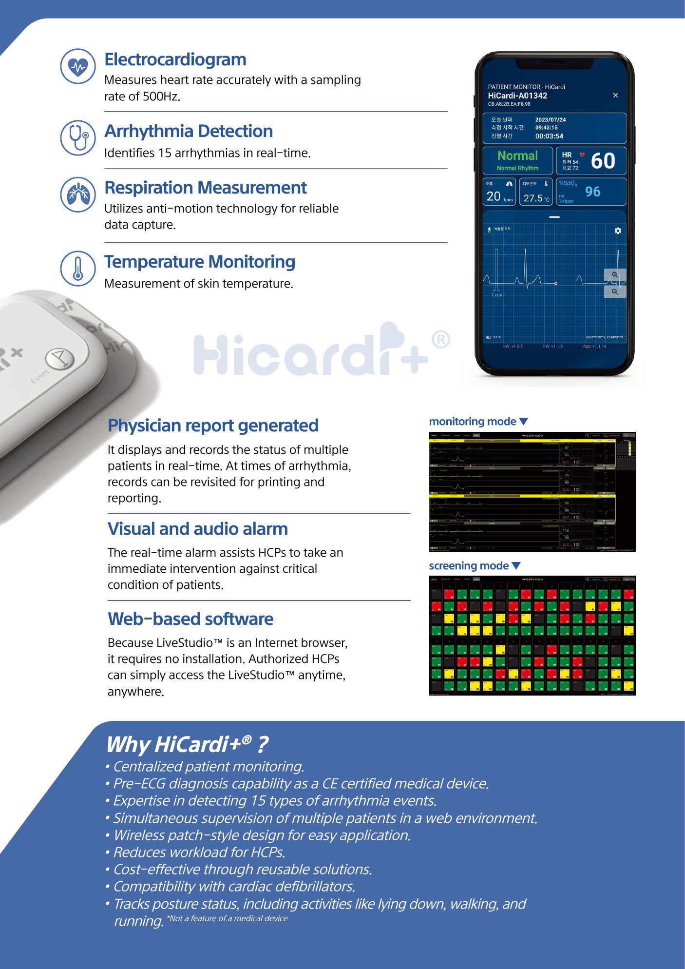 HiCardi+ page 3: ECG, arrhythmia detection, respiration, temperature, LiveStudio, Why HiCardi+