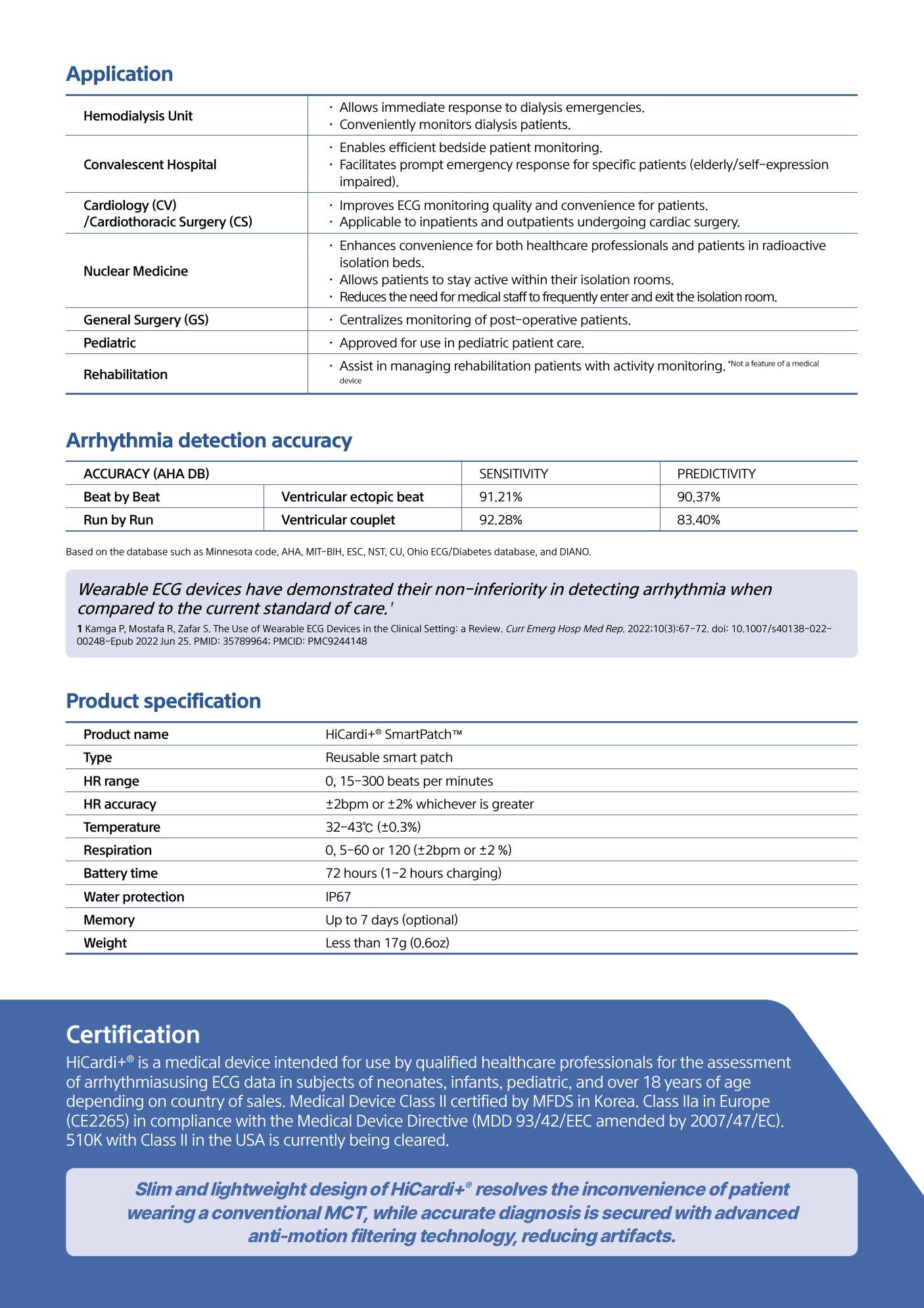 HiCardi+ page 4: applications, arrhythmia detection accuracy, product specification, certification